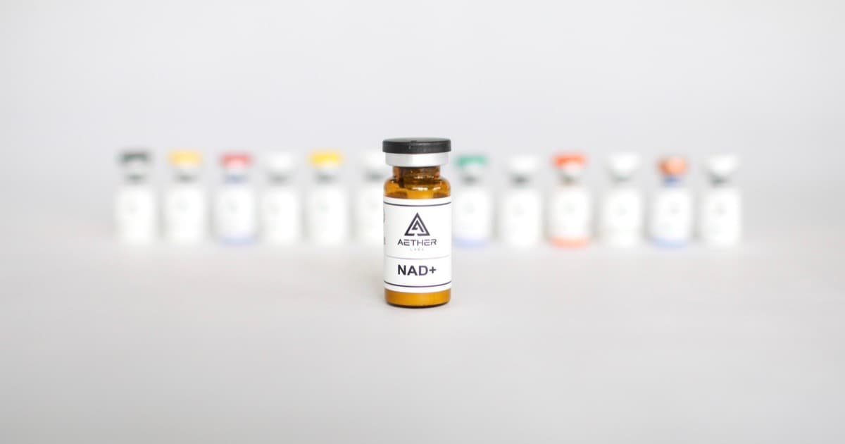 Aether research compound stack — presentation box with H2O vials